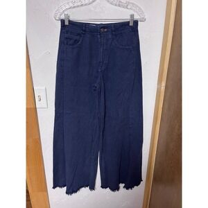 Pilcro Anthropologie Navy Blue Wide Leg Linen Blend Raw Hem Pants 27